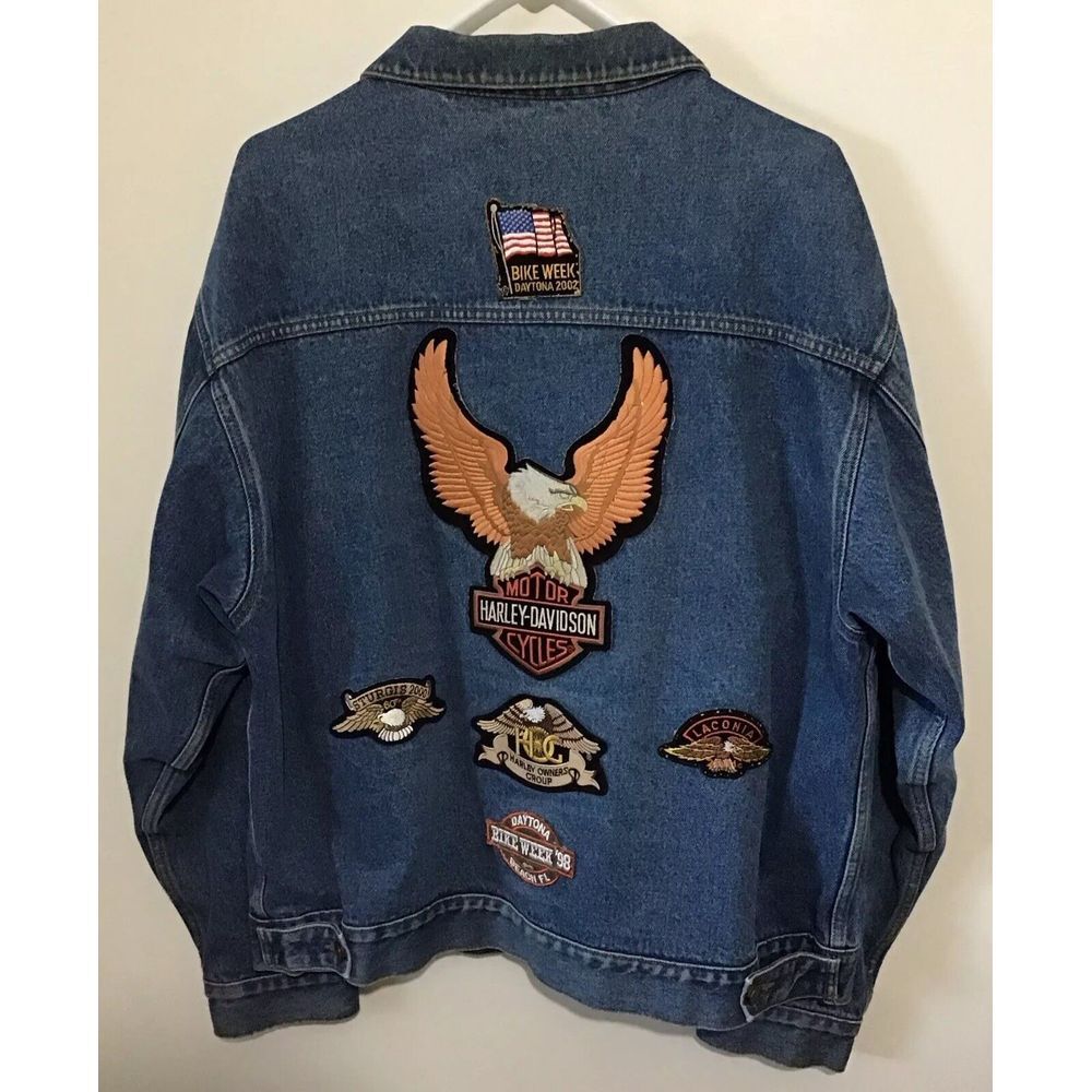 Guide Gear Mens Lined Jean Jacket Size XL With Vintage Harley‎ Patches